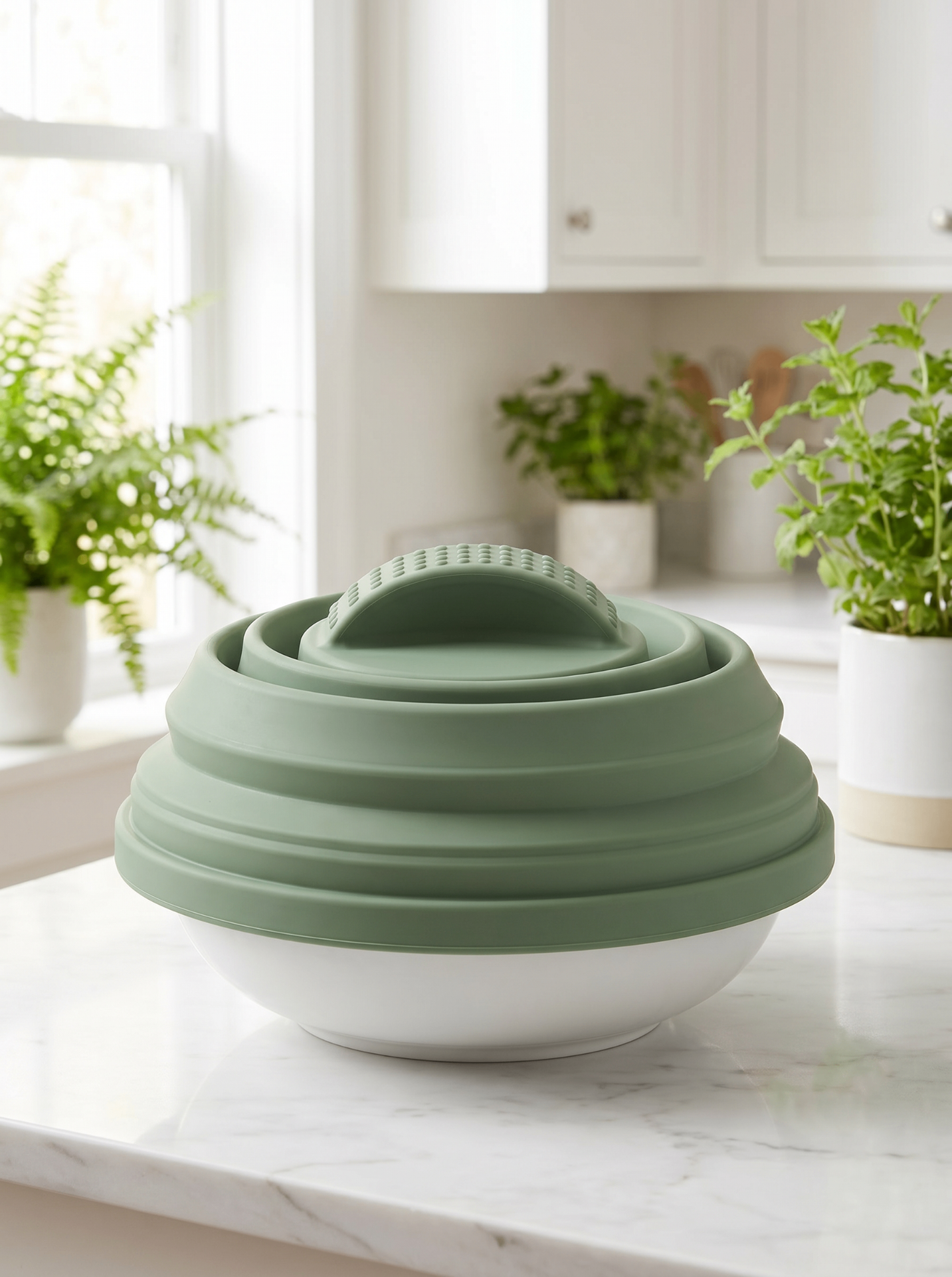 Sage green Circular collapsible silicone microwave cover on a modern kitchen counter