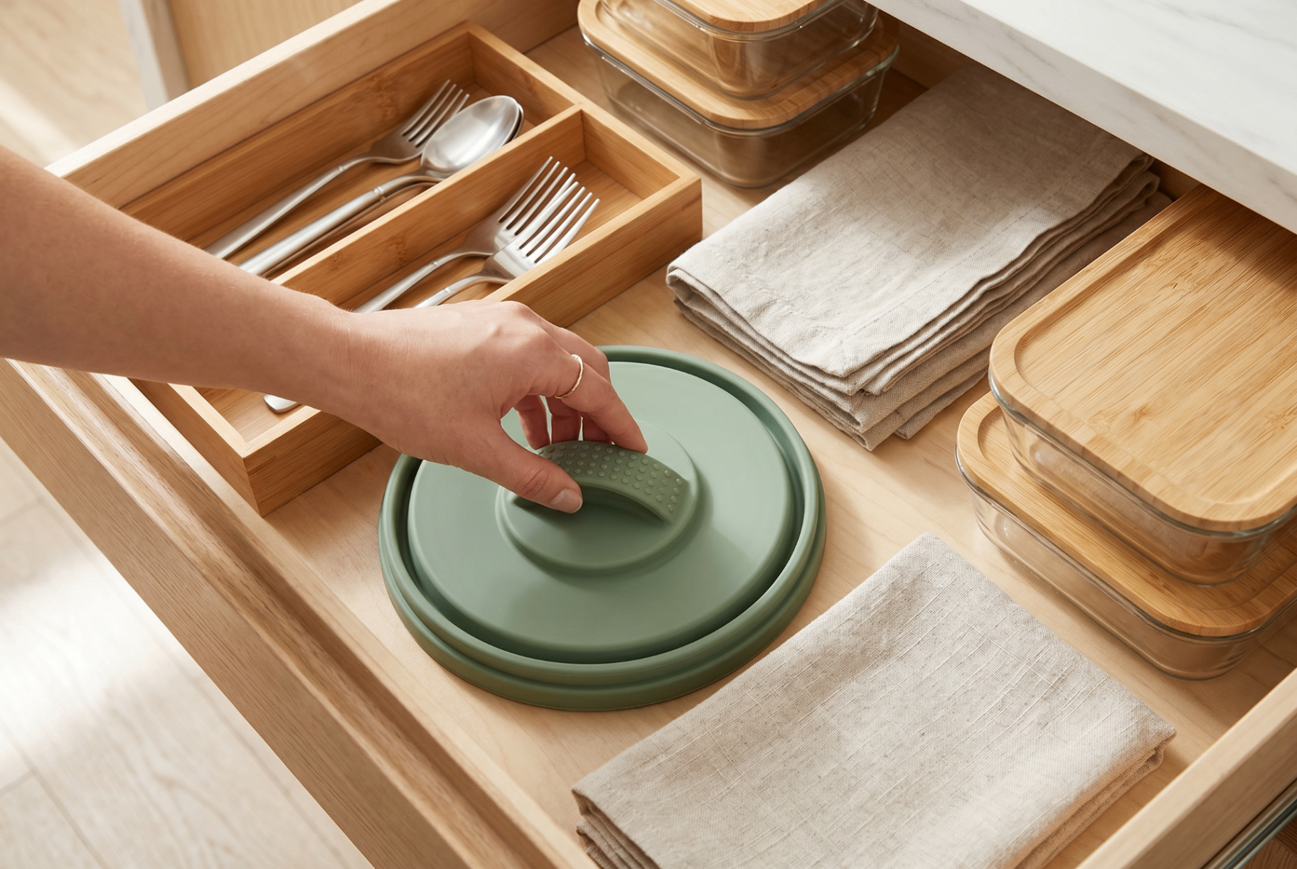Circular microwave cover stored flat in a tidy kitchen drawer