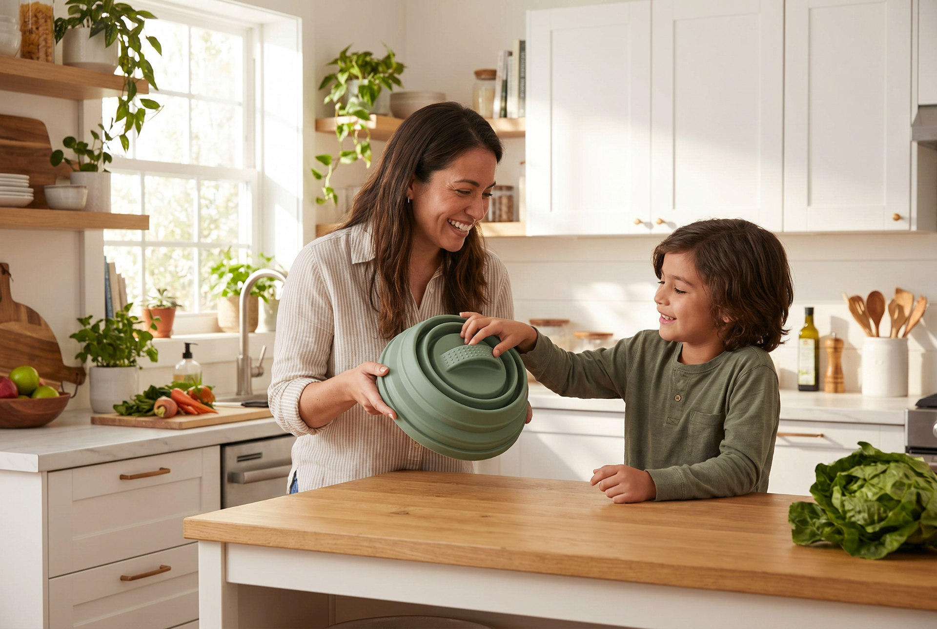 Family cooking together in a bright kitchen with Circular on the counter
